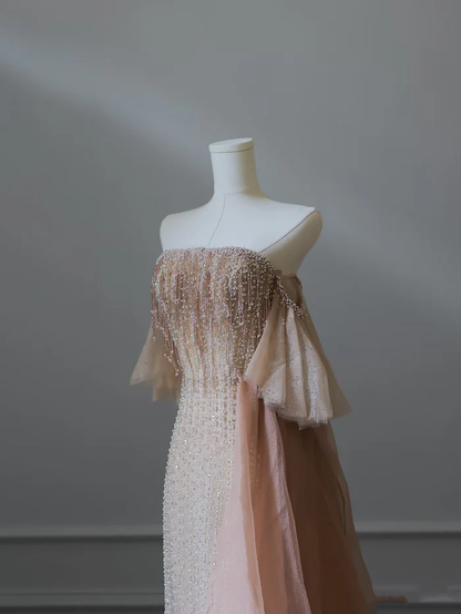 Exquisite A Line Strapless Pearl Beaded Tulle Long Prom Dresses Evening Gowns Party Dress DP3045