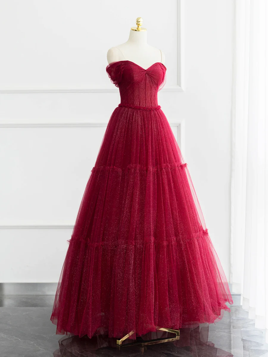 Burgundy Shiny Tulle Long Prom Dress Off the Shoulder Evening Dress DP400