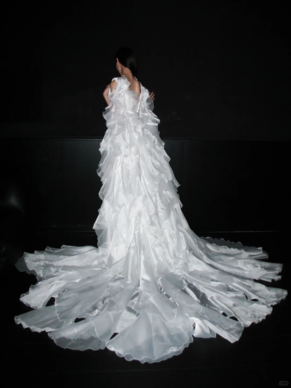 Unique A Line Spaghetti Strap White Ruffle Tulle Satin Long Train Wedding Dress DP8102