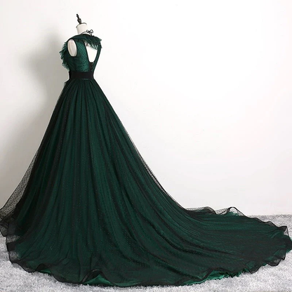 Gothic Forest Green Tulle Ball Gown Ruffles V Neck Long Prom Dress  DP453