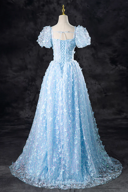 Luxurious Blue Tulle Sweetheart Party Dress Sequin Butterfly Appliques Long Prom Dress DP487