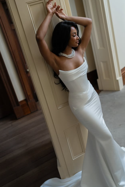 Romantic Mermaid Strapless White Satin Long Train Wedding Dress DP5826