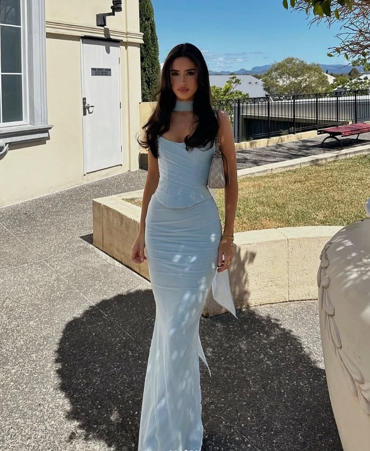 Charming Sheath Strapless Light Blue Chiffon Prom Dress Evening Dress DP1607