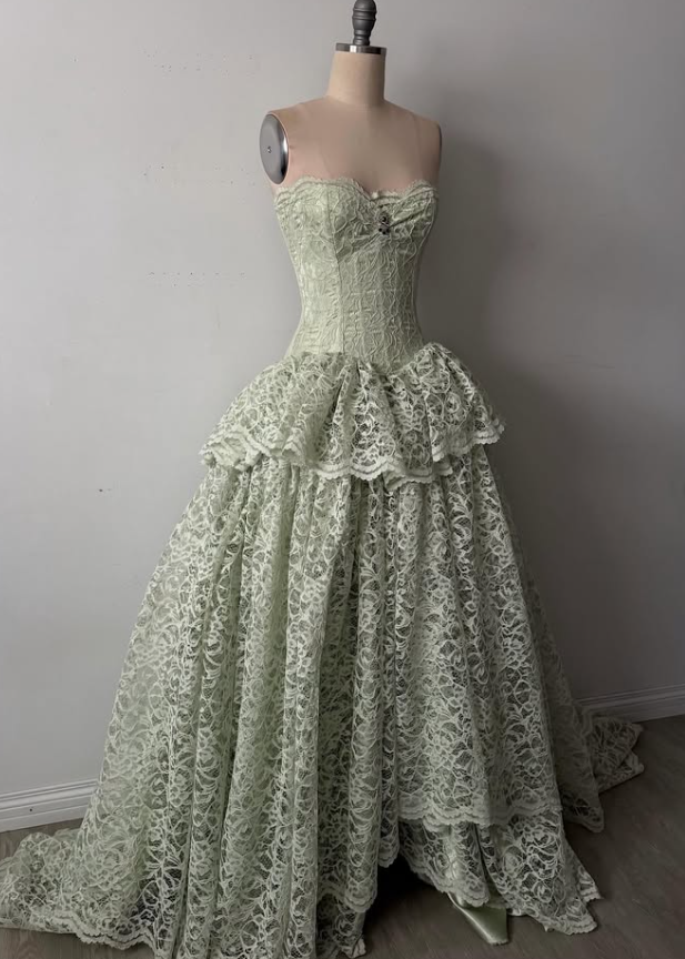 Vintage Light Green A Line Sweetheart Neck Lace Long Prom Dress Evening Dress DP7887