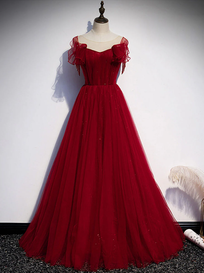 Burgundy Tulle Round Neck Long Prom Dress Evening Dress DP459