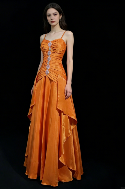 Vintage A Line Spaghetti Strap Beaded Pleated Bright Orange Satin Prom Dress Party Dress DP2765