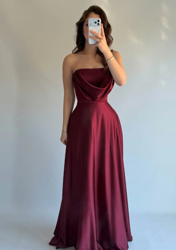 Simple Burgundy A Line Strapless Satin Long Prom Dress Evening Dress DP6934