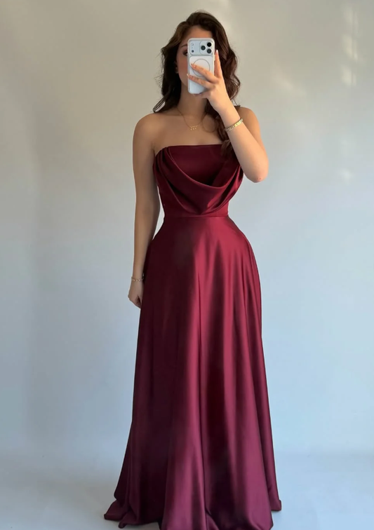Simple Burgundy A Line Strapless Satin Long Prom Dress Evening Dress DP6934