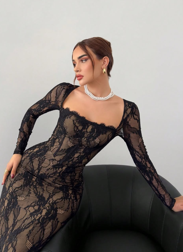 Sexy Black Sheath Long Sleeve Lace Long Prom Dress Evening Dress DP7895