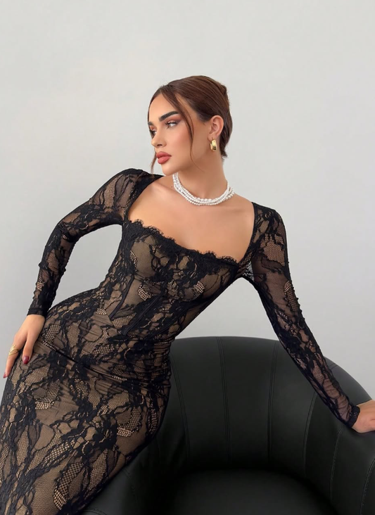 Sexy Black Sheath Long Sleeve Lace Long Prom Dress Evening Dress DP7895
