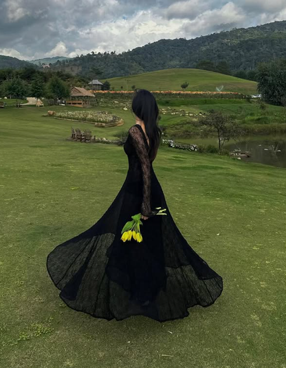 Sexy Black A Line Long Sleeve Lace Long Prom Dress Evening Dress DP3967