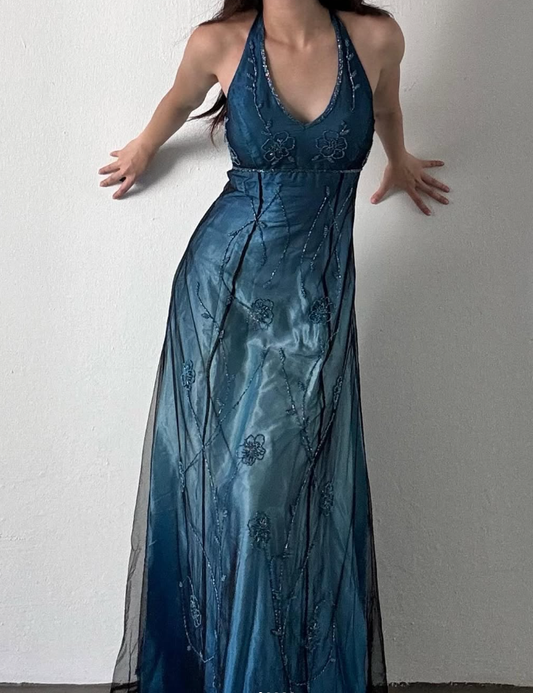 Vintage A Line Halter Beaded Blue Ombre Satin Chiffon Open Back Long Prom Dress Graduation Prom Dress DP2249