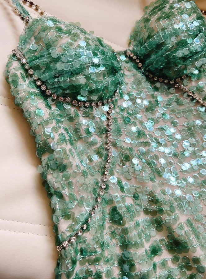 Green A Line Spaghetti Straps Beaded Sequin Prom Dress Outfits DP4481