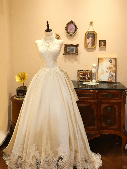 Beautiful A Line Halter Ivory Lace Satin Long Prom Dress Wedding Dress DP7033