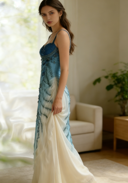 Exquisite Retro Blue Ombre Beaded Flower Chiffon Long Party Dress Date Dress DP2933