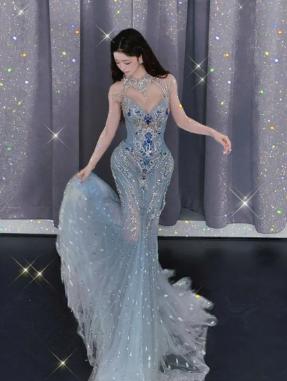 Elegant Blue Mermaid Strap Exquisite Beaded Tulle Prom Dress Evening Dress DP6624