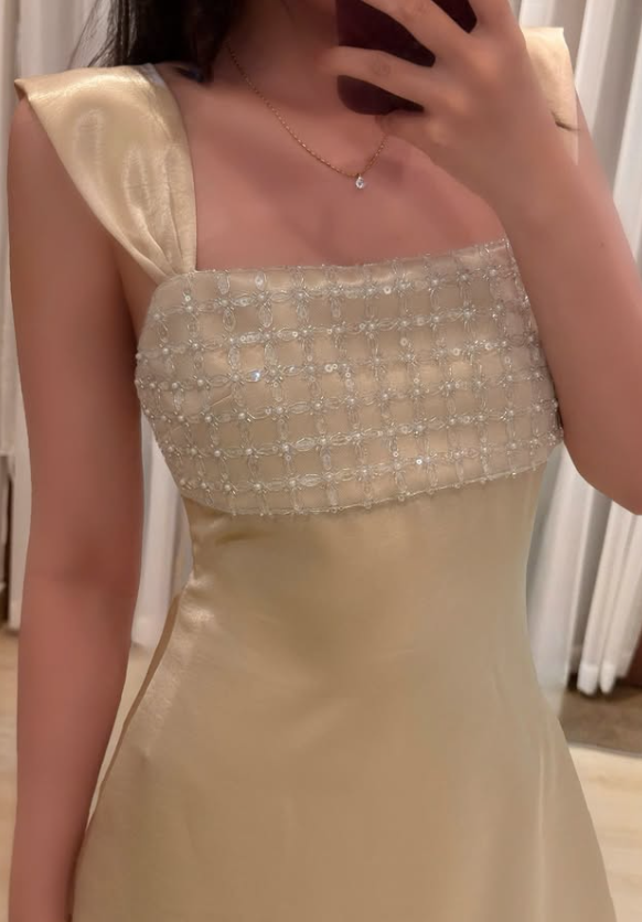 Champagne A Line Straps Exquisite Beaded Satin Short Prom Dress Homecoming Dress DP7927