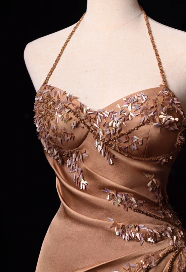 Vintage Brown A Line Straps Beaded Sequin Satin Short Homecoming Dress DP4469