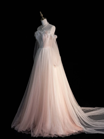 Pink Ombre A Line Long Sleeve Flower Tulle Prom Dress Graduation Prom Dress DP2193