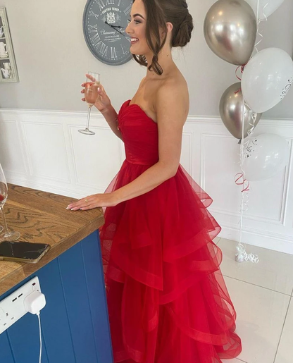 Charming Red A Line Sweetheart Neck Layered Organza Prom Dress Evening Dress DP6359