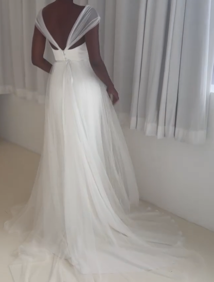 Pretty A Line Straps White Tulle Satin Long Wedding Dress DP4301