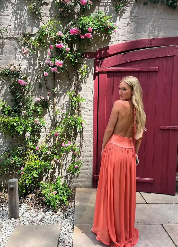 Charming A Line Halter Chiffon Open Back Long Prom Dress Vacation Dress DP4745