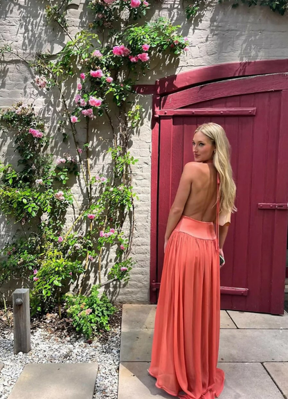 Charming A Line Halter Chiffon Open Back Long Prom Dress Vacation Dress DP4745