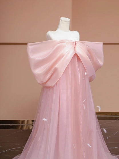 Pink Bow Floor Length Prom Dress, Lovely A-Line Princess Off the Shoulder Formal Dress DP2021