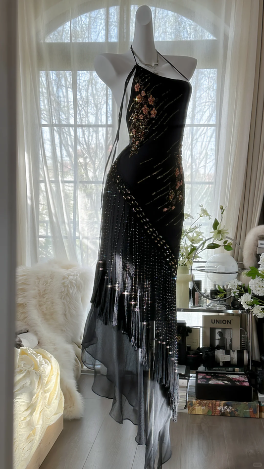 Exquisite Sexy Flowy Beaded Floral Black Chiffon Backless Prom Dress Date Dress Evening Dress DP2950