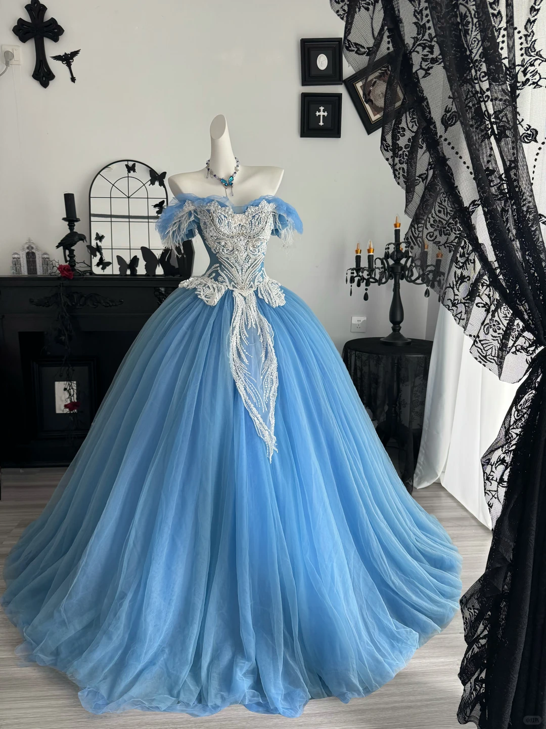 Blue Ball Gown Off the Shoulder Feather Beaded Tulle Prom Dress Quinceanera Dress DP6956