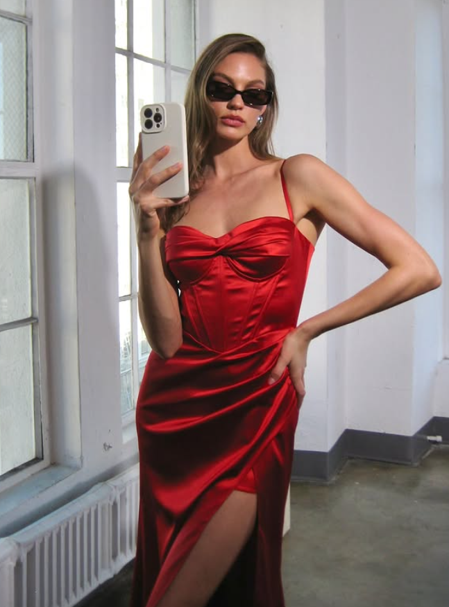 Unique Red Sheath Straps Satin Long Prom Dress Evening Dress with Slit DP6224