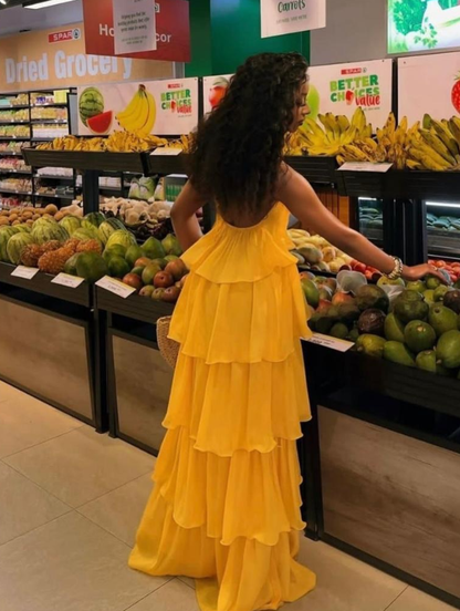 Dark Yellow A Line Halter Layered Chiffon Backless Prom Dress Outfits DP6318
