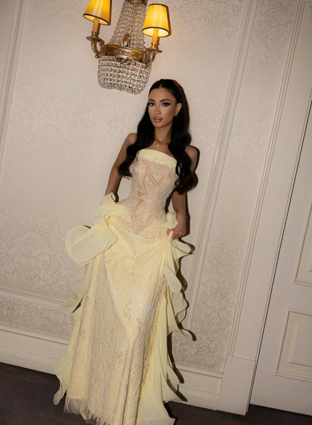 Pretty Yellow A Line Strapless Lace Chiffon Prom Dress Evening Dress DP6812