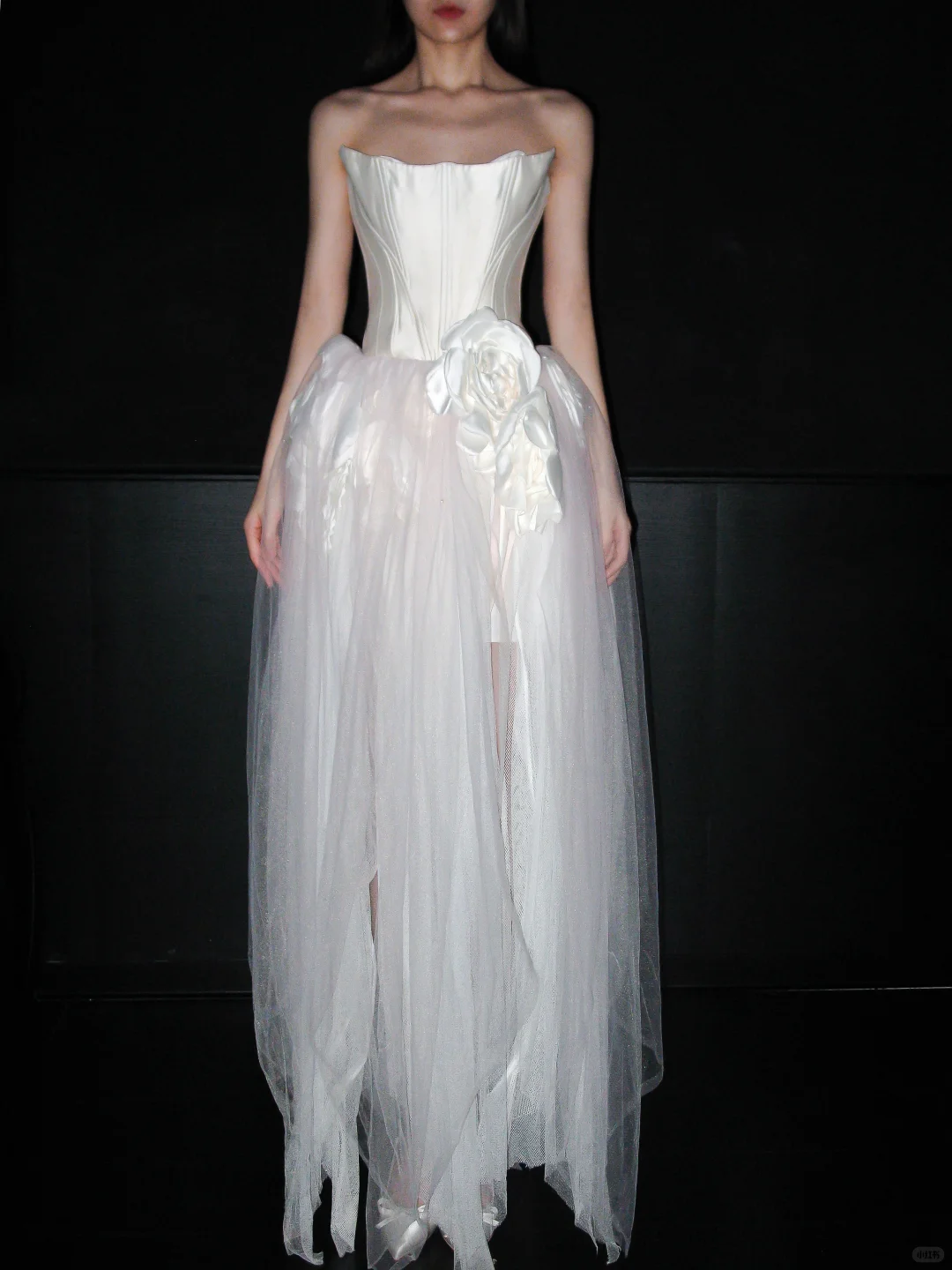 Unique A Line Strapless 3D Floral White Satin Tulle Long Wedding Dress DP5796
