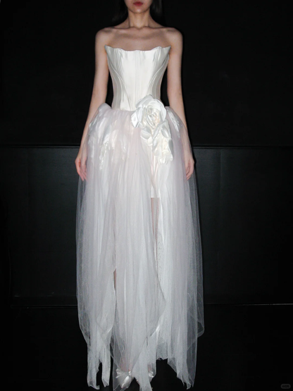 Unique A Line Strapless 3D Floral White Satin Tulle Long Wedding Dress DP5796