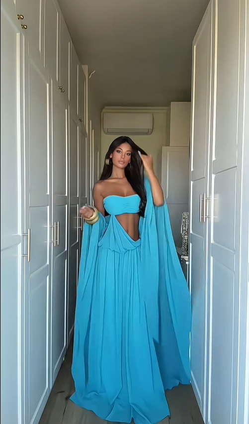 Stunning Blue A Line Strapless Flowy Chiffon Long Prom Dress Date Dress DP4516