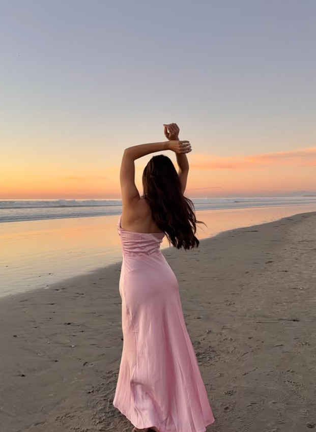 Pink Mermaid Halter Satin Open Back Prom Dress Evening Dress Vacation Dress DP5609