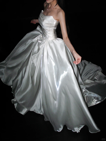 Pretty Ball Gown Strapless Corset Pleated White Satin Long Wedding Dress DP8093