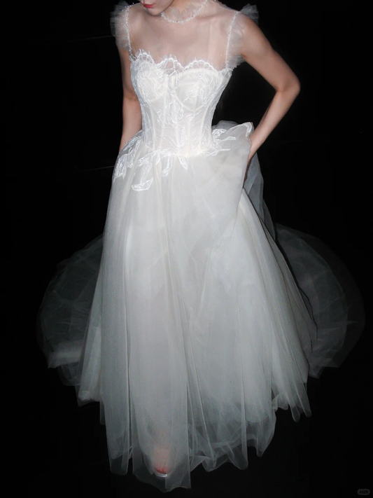 New A Line High Neck White Lace Tulle Long Wedding Dress DP8116