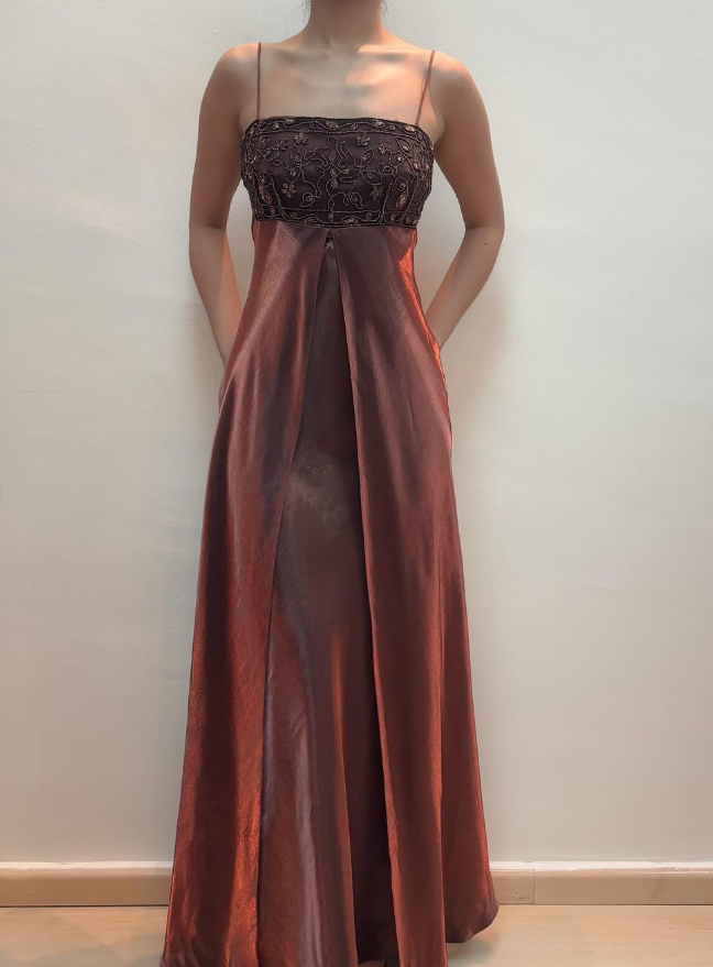 Vintage A Line Spaghetti Strap Beaded Brown Satin Prom Dress Evening Dress DP1779