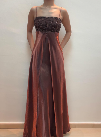 Vintage A Line Spaghetti Strap Beaded Brown Satin Prom Dress Evening Dress DP1779