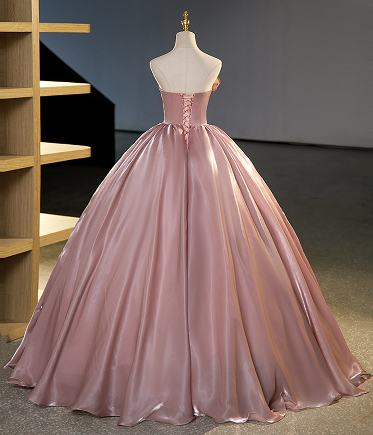 Luxurious Pink Strapless Satin Long A Line Prom Dress Princess Ball Gown DP434