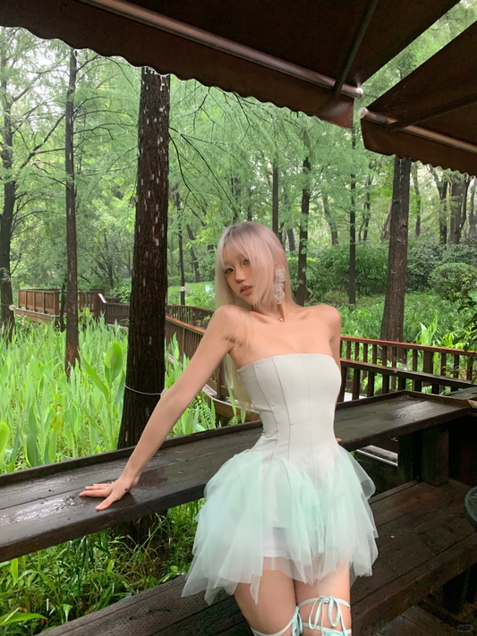 Mint Green A Line Strapless Tulle Satin Short Homecoming Dress Outfits DP3843