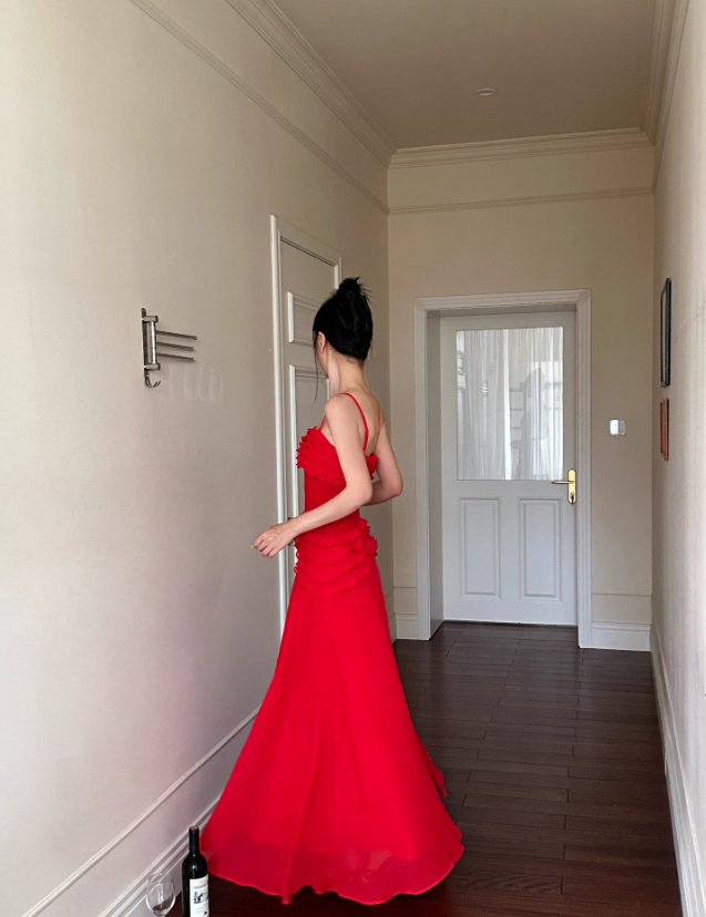 Charming Red A Line Spaghetti Strap Chiffon Prom Dress Date Dress Outfits DP3457