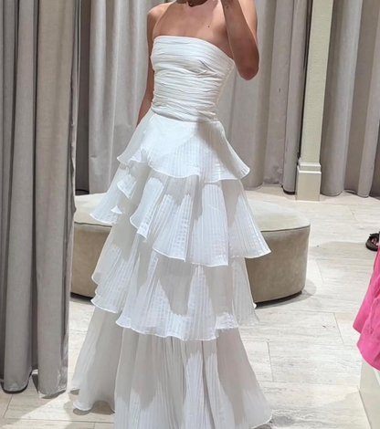 White A Line Strapless Layered Tulle Long Prom Dress Evening Dress DP7468