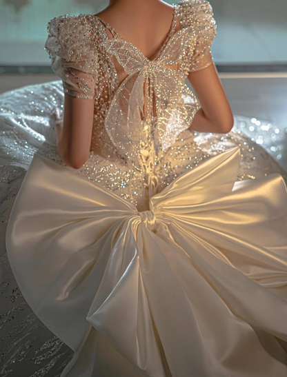 Stunning Ball Gown Puff Seelve Sequin Beaded Butterfly Satin Prom Dress Wedding Dress DP6628