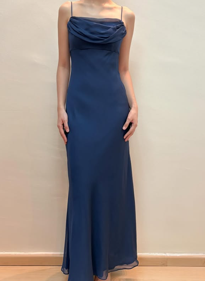 Vintage Navy Blue Simple Sheath Chiffon Prom Dress Evening Dress Date Dress DP5281