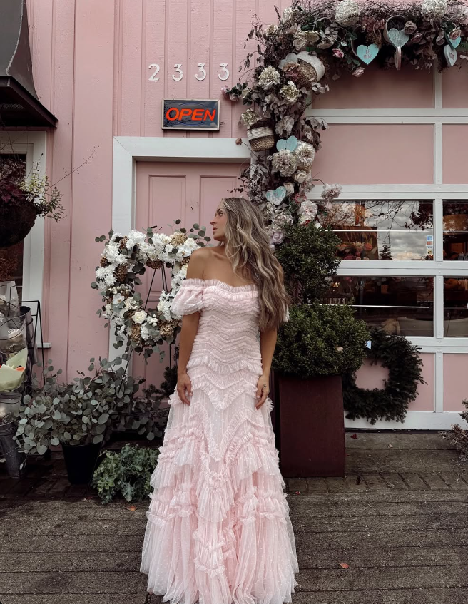 Princess A Line Off the Shoulder Tiered Light Pink Tulle Prom Dress Evening Dress DP1723