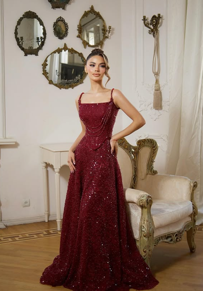 Shiny Burgundy A Line Spaghetti Strap Sequin Long Prom Dress Evening Dress DP6051
