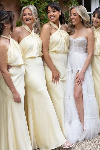 Yellow Halter Sheath Long Bridesmaid Dress with Twist Knot DP5556